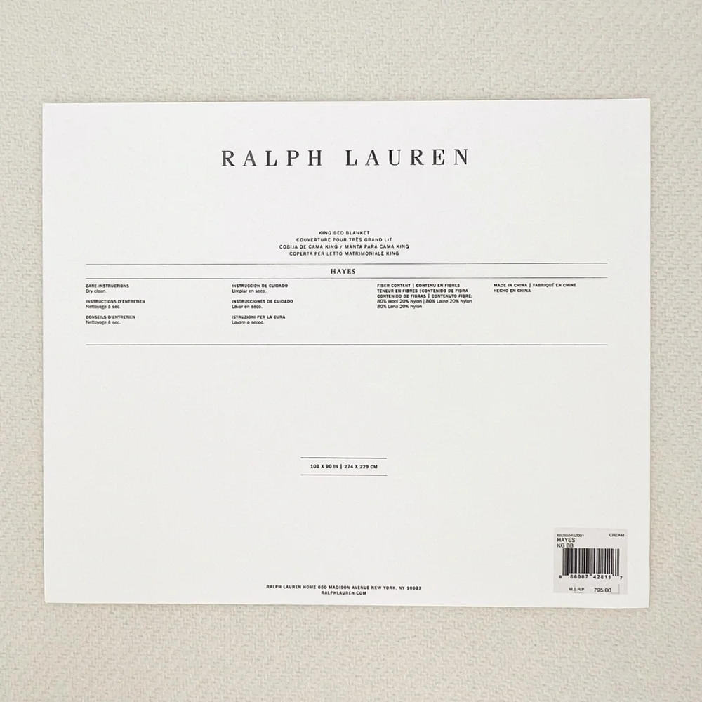 Ralph Lauren Home King Hayes Wool Blend Bed Blanket Classic Cream New NWT